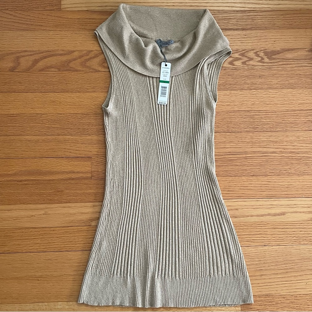 NWT Joseph A. Light Tan/Gold Shimmer Ribbed Knit Top Sleeveless Cowl Neck Size L